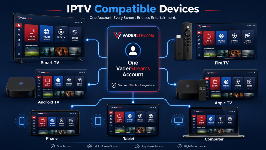 IPTV playing on a Smart TV, Fire TV, Android TV, Apple TV, phone, tablet, and computer