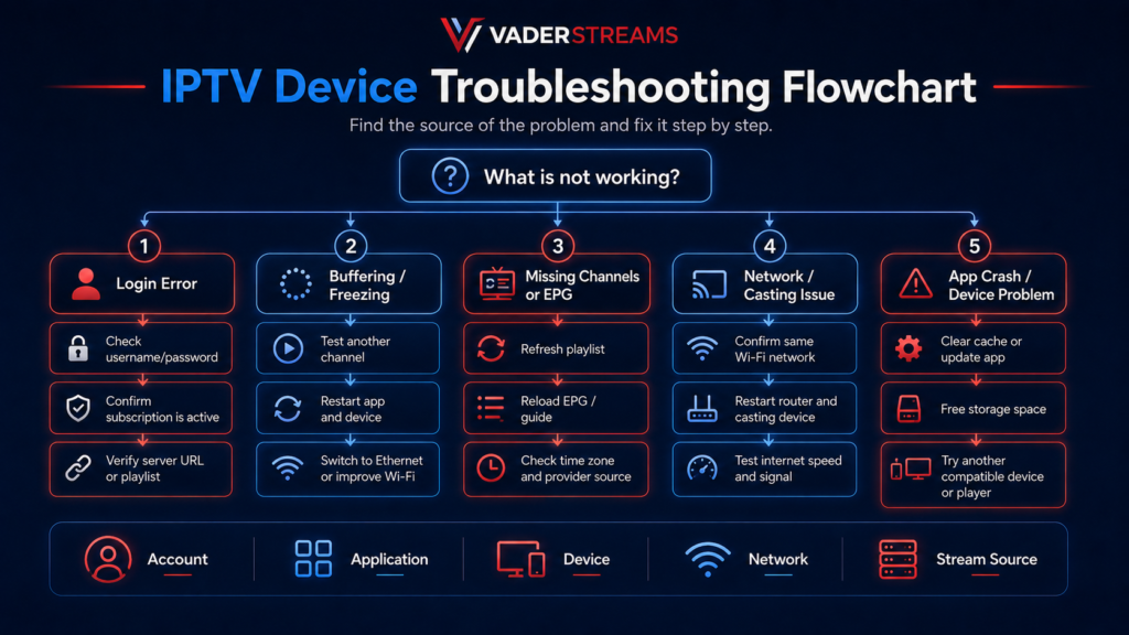 IPTV troubleshooting flowchart for login errors, buffering, missing channels, and application crashes